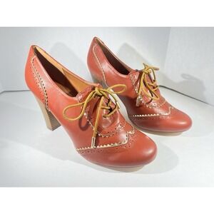 Jolimall Chestnut Oxford Heels Gold Accent Chunky Wingtip Lace‑Up Women's 10